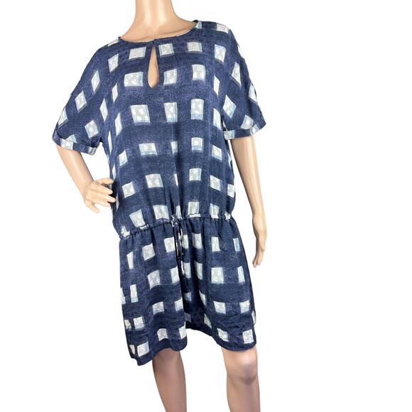 Tory Burch Erica Antibes Blue Poplin Square Silk Drop Waist Blouson Mini Dress L - Picture 8 of 11